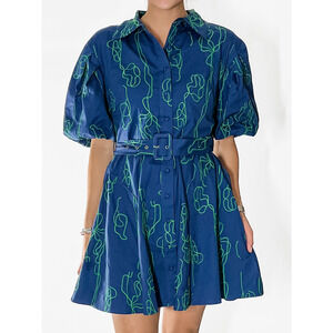 Ciebon Eliza Vines Embroidered Cotton Puff Sleeve Belted Mini Dress Womens XS